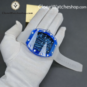 Richard Mille Super Clone Watches 1:1 RM 052 Blue Crystal Full Transparent Tourbillon White Strap