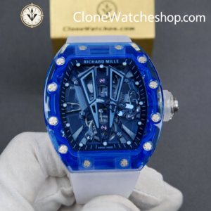 Richard Mille Super Clone Watches 1:1 RM 027 – 03 Blue Crystal Full Transparent Tourbillon White Strap