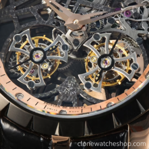 Roger Dubuis Super Clone Watches 1:1 Excalibur Rose Gold Skeleton Double Flying Tourbillon RDDBEX0397 45MM