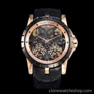 Roger Dubuis Super Clone Watches 1:1 Excalibur Rose Gold Skeleton Double Flying Tourbillon RDDBEX0397 45MM